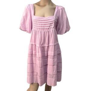 Easel Pink Babydoll Puff Sleeve Pleated Tiered Dress NWT Small Cottage Fairy